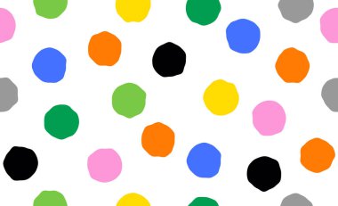 Renkli daire çizimi, kusursuz desen. Renkli noktalı kusursuz el çizimi deseni. Vektör fırça darbeleri tasarım elementleri. Duvar kağıtları, şablon dolguları, web sayfası arkaplanları, yüzey metinleri için mükemmel