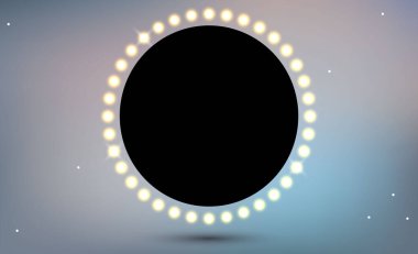 Sahne ışıklarıyla arka plan. Festival gecesi afişi. Parlayan lambalarla retro çerçeveyi daire içine al. Parlak ışıklarla vektör illüstrasyonu