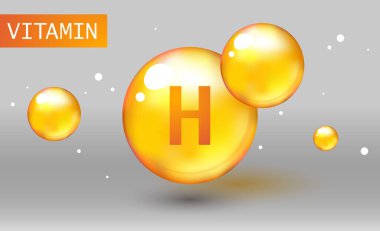 Vitamin altını parlayan hap kapsülü ikonu. H vitamini kapsülü. Sağlık için vektör ikonu. Altın renkli hap. Biyotin. Parlak altın madde damlası. Heath reklamları için ilaçlar. H vitamini