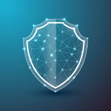 Kalkan, güvenlik ve koruyucu sembol. Güvenlik kalkanı kavramı, parlak, düşük çokgen koruma kalkanı sembolü. İnternet gizliliği, siber koruma veya antivirüs kavramı. Sağlık sigortası