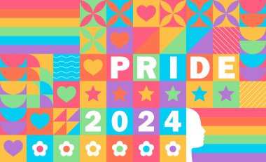 Kalpli gökkuşağı arka planı. LGBT + Gurur tasarımı. Gökkuşağı topluluğunun gurur ayı. Aşk, özgürlük, destek, barış. İçinde LGBT gökkuşağı bayrağı, kalp ve aşk olan bir poster. Renkli sosyal medya gönderme şablonu