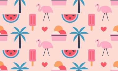 Dondurmalı, karpuzlu, kalpli, flamingolu, palmiyeli kusursuz desen. Tasarımın için yaz arkaplanı. Deniz, okyanus tasarımı. Güzel bir tatil modeli.