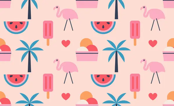 Seamless Pattern Ice Cream Watermelon Heart Flamingo Palm Tree Summer Vektorgrafiken