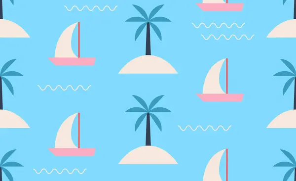 Seamless Pattern Sea Yacht Palm Tree Summer Background Your Design Stockvektor
