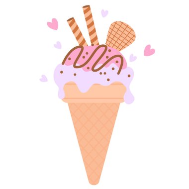 Taze dondurma külahı. Dondurmalı taze ve parlak bir illüstrasyon. Waffle külahında erimiş dondurma topları.