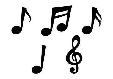 Müzik vektörü illüstrasyonuna dikkat edin. Müzik notaları siyah simgeler ayarlandı. İzole müzik notaları beyaz arka planda semboller. Müzik notaları simgesi seti, notalar simgesi