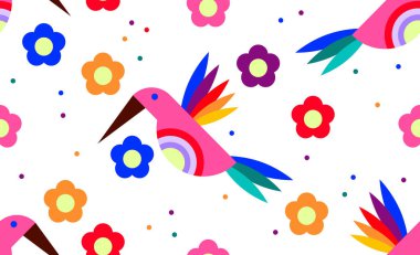 Kuşlar ve çiçeklerle kusursuz desen. Sinekkuşu ve çiçekli şirin bir tasarım. Parlak arkaplan dokusu vektör çizimi