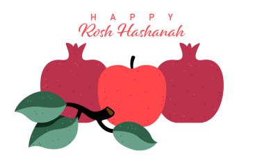 Rosh Hashanah 'ın (nar ve elma) tebrik kartı sembolleri. Yahudi yeni yıl kutlaması tasarımı. Mutlu Shana Tova 'lar. İsrail 'de Mutlu Yıllar