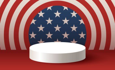 Amerika afişinde beyaz sahne. ABD geçmişi. Amerikan tasarımı. Mavi zemin üzerinde ürün görüntülemek için soyut geometrik şekil podyumu. 4 Temmuz