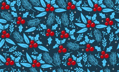 Noel tebrik kartı afişi, köknar dalları ve kutsal dutsuz desenli. Tatil kusursuz desen