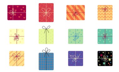 Set, tatil tasarımı için hediye kutuları koleksiyonu. Hediye kutusu simgesi beyaza izole edildi. Vektör çizimi. Doğum günü, Yeni Yıl ve Noel sembolleri