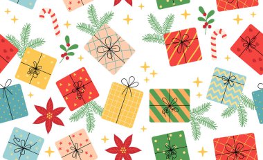Noel hediyeleriyle kusursuz bir şenlik düzeni. Renkli hediyeli desen. Soyut noel hediyesi kutuları retro tarzında kusursuz vektör kalıpları. Kart, ambalaj, duvar kağıdı için sevimli arkaplan