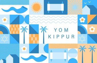 Yahudi bayramı, Yom Kippur geçmişi, afiş, düz geometrik stil. Kefaret ve Shofar borusu günü. Yom Kippur konsept tasarımı