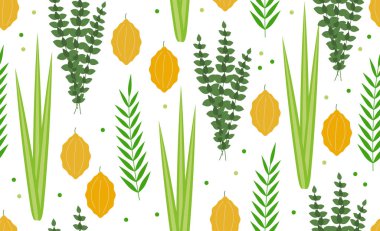 Palmiye dalı, söğüt ve mersin yaprakları, parlak sarı etrog ile Dikişsiz desen. Yahudi festivali Sukkot dört tür lulav ve esrog. Duvar kağıtları, desen dolguları, yüzey dokuları, tekstil için mükemmel