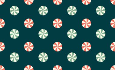 Şekerli kusursuz Noel deseni. Naneli Şekil. Çilekli, kıvrımlı, dikişsiz şeker deseni. Kumaşlar, çocuk kıyafetleri ve moda baskısı için mükemmel. Vektör illüstrasyonu