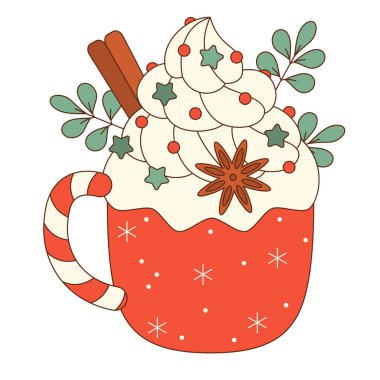 Marşmelovlu ve noel şekerli bir fincan sıcak çikolata. Sıcak bir fincan sıcak çikolatalı sıcak kış kompozisyonu. Noel tatlısıyla tatlı kahve. Noel tatlı yemek ve içmek. sıcak çikolata