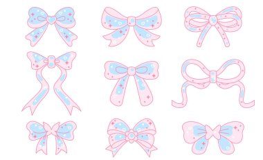 Fiyonk ile ayarlayın. Set, kızlar için şirin fiyonklar koleksiyonu. Sevimli coquette yay toplama vektörü, romantik kurdele yayı