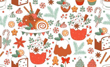 Kusursuz desenli geleneksel ev yapımı Noel pastası tatili tatlısı. Yeni yıl. Noel pastası. Noel yemeği vektörleri tatlı süslemeleri sunar.