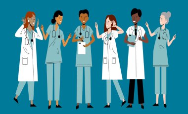 Doktorlar ve hemşire. Hastane sağlık ekibi. İlaç işçileri. Doktor, cerrah, doktor, sağlık görevlisi, hemşire. Dost canlısı sağlık çalışanları. Doktorlar, hademeler, hemşire vektör karakterler.