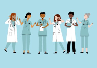 Doktorlar ve hemşire. Hastane sağlık ekibi. İlaç işçileri. Doktor, cerrah, doktor, sağlık görevlisi, hemşire. Dost canlısı sağlık çalışanları. Doktorlar, hademeler, hemşire vektör karakterler.