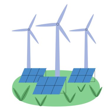Rüzgar türbinleri ve güneş panelleri. Çevresel sürdürülebilir yenilenebilir enerji kavramı, alternatif elektriği olan yeşil elektrik santrali. Sürdürülebilirlik kavramı. Rüzgar değirmenleri, güneş panelleri resimleme