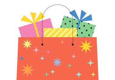 İçinde hediye kutuları olan kağıt alışveriş torbası. Noel tatili ve yeni yıl kutlaması için hediye almak kutlamalar ve hediye temaları için idealdir. Bir çanta dolusu Noel hediyesi.