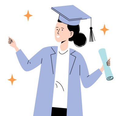 Kız öğrenci üniversiteden mezun oldu. Mezuniyet şapkalı, diplomalı, diplomalı, lisanslı ve yüksek lisans dereceli bir kadın. Eğitim kurumunda gülümseyen kız