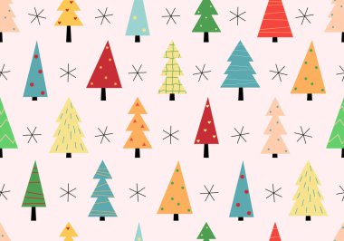 Noel ağacı ve kar taneleri kusursuz bir arka plan vektörü. Şenlikli bir illüstrasyon. Noel ağacı ve kar tanesiyle kusursuz desen. Noel, yeni yıl tasarımı