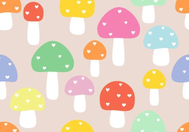 Mantar arkaplanının dikişsiz desen sınırı. Kırmızı benekli el desenli mantarların kusursuz tekrar pankartıdır. Hoş bir arka plan. Gökkuşağı benekli mantarların kusursuz tekrarı