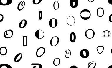 Siyah koyu latin harfli vektörsüz alfabe kalıbı. Beyaz, tekrarlanabilir alışılmadık bir arka plan. Moda modası tasarımı. Beyaz üzerinde kusursuz siyah alfabe deseni. O harfi