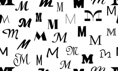 Siyah koyu latin harfli vektörsüz alfabe kalıbı. Beyaz, tekrarlanabilir alışılmadık bir arka plan. Moda modası tasarımı. Beyaz üzerinde kusursuz siyah alfabe deseni. M harfi.