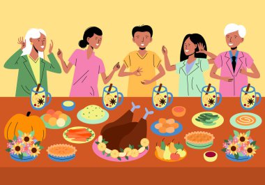 Şükran Günü yemeği için hazırlanmış bir masa. Kızarmış hindi, doldurulmuş hindi ve diğer şeyler. Bayram yemeği. Kızarmış hindi ve turta ile Şükran Günü yemeği. Çok nesilli aile.