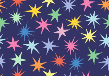 Yıldızlar ve kıvılcımlarla kusursuz bir desen. Noel, yeşil arka planda canlı renklerde doğum günü tasarımı. Modern vektör illüstrasyonu. Sevimli el çizimi düz tasarım