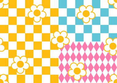 Örnekler ve çiçeklerle Dama Tahtası Kusursuz Geçmişi. Kusursuz bir eşkenar dörtgen arkaplan. Soyut basit geometrik doku