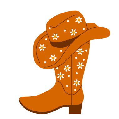 Kovboy çizmesi ve şapkası. Rodeo tasarımı. Country müzik ve Vahşi Batı. Kovboy çizmesi ve batı şapkası. Kovboy kız sembolleri, imzala