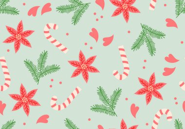 Kışın pürüzsüz desenli noktalı çiçekler, çiçek dalları ve kalpler, Noel çiçekleri, tatlı şekerler. Noel tasarımı