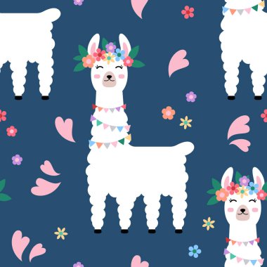 Llama alpaka ile kusursuz bir düzen. Tuhaf alpaka hayvan arkaplan dokusu. Şirin Lama ya da Wooly Alpaca Karakteri. Mutlu küçük lama