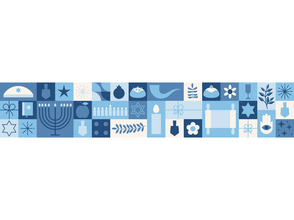 Hanukkah blue background with wooden dreidels, donuts, gift boxes and menorah (traditional Candelabra). Happy Hanukkah, Jewish holiday background