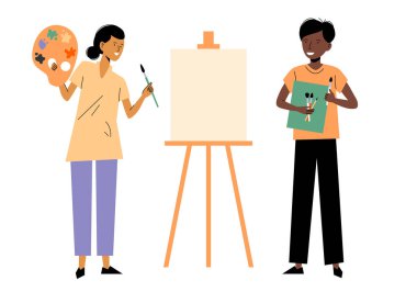 Sanatçılar sanat eserleri yaratmak için atölyelerinde fırça ve palet tutarlar. Meslek, sanat, iş, yaratıcılık kavramı. Gülümseyen genç sanatçılar. Sanat stüdyosu