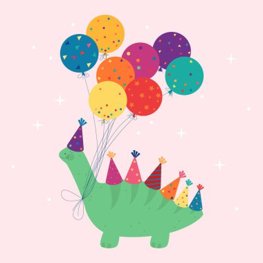 Dinazorlu doğum günü kartı, renkli balonlar vektör illüstrasyonu. Doğum günü partisi için tatil tasarımı