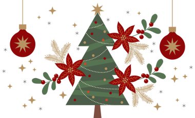 Geleneksel Noel arkaplanı, Noel ağacı, çiçekler, dekorasyon. Geleneksel kış tatili tasarımı. Vektör illüstrasyonu