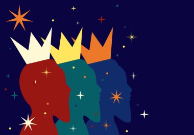 Üç Bilge Adam, geleneksel Epifani Günü, üç kral kutluyor. Üç Krallar Günü, Epifani. 6 Ocak, tatil arka plan vektör çizimi. Epifani bayramı