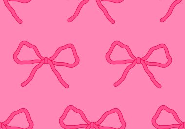 Soyut pembe kurdeleli kusursuz desen. Vektör düz arkaplan ve geriye dönük yaylar. Coquette ve balet estetiği