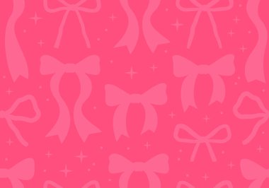 Soyut pembe kurdeleli kusursuz desen. Vektör düz arkaplan ve geriye dönük yaylar. Coquette ve balet estetiği