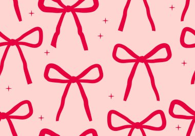 Soyut pembe kurdeleli kusursuz desen. Vektör düz arkaplan ve geriye dönük yaylar. Coquette ve balet estetiği