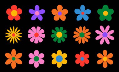 Papatya çayı. Renkli papatya çiçeği seti. Papatya ikonu koleksiyonu. Arka planda izole edilmiş. Düz dizayn. Vektör çizimi. Yaz papatya çiçeği. Aşk sembolü. Havalı papatya çiçekleri.