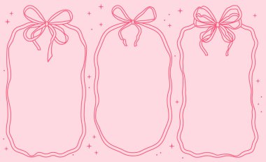 Dalgalı çizgileri, fiyonkları, kurdeleleri olan sevimli kareler. Deniztarağı çerçeve kenarlığını karalama tarzında ayarla. Retro çerçeve dalgalı kenar. Fiyonklu dalgalı çerçeve. Coquette biçiminde vektör illüstrasyonu