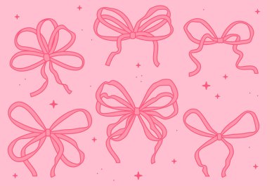 Çeşitli fiyonk düğümleri, bağcıklar, kurdeleler. Fiyonk ile ayarlayın. Set, kızlar için şirin fiyonklar koleksiyonu. Sevimli coquette yay toplama vektörü, romantik kurdele yayı