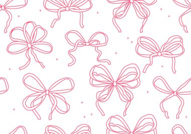 Soyut pembe kurdeleli kusursuz desen. Vektör düz arkaplan ve geriye dönük yaylar. Coquette ve balet estetiği