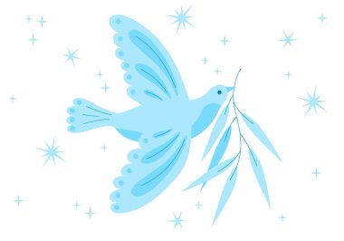 Uluslararası barış günü. Barış sembolü beyaz güvercin kuşu, ökseotu, bitki, dal, şiddet yok, savaş yok, savaş karşıtı, insan dayanışması. Zeytin dallı güvercin sembolü. Barışın sembolü